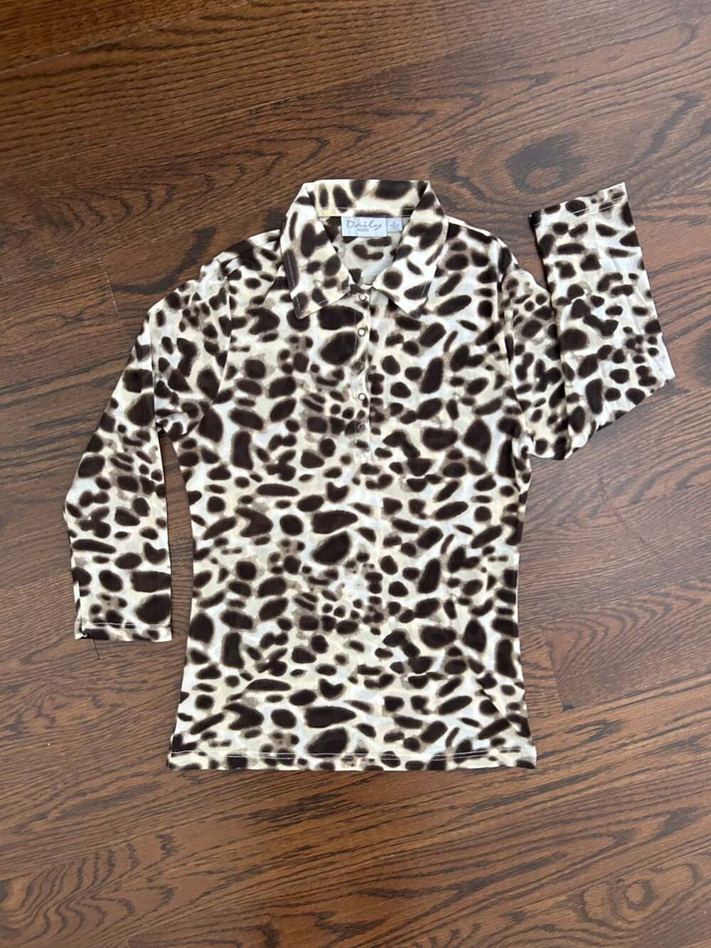 Daily Women Brown Leopard Print Mesh Long Sleeve Collared Snap Shirt
